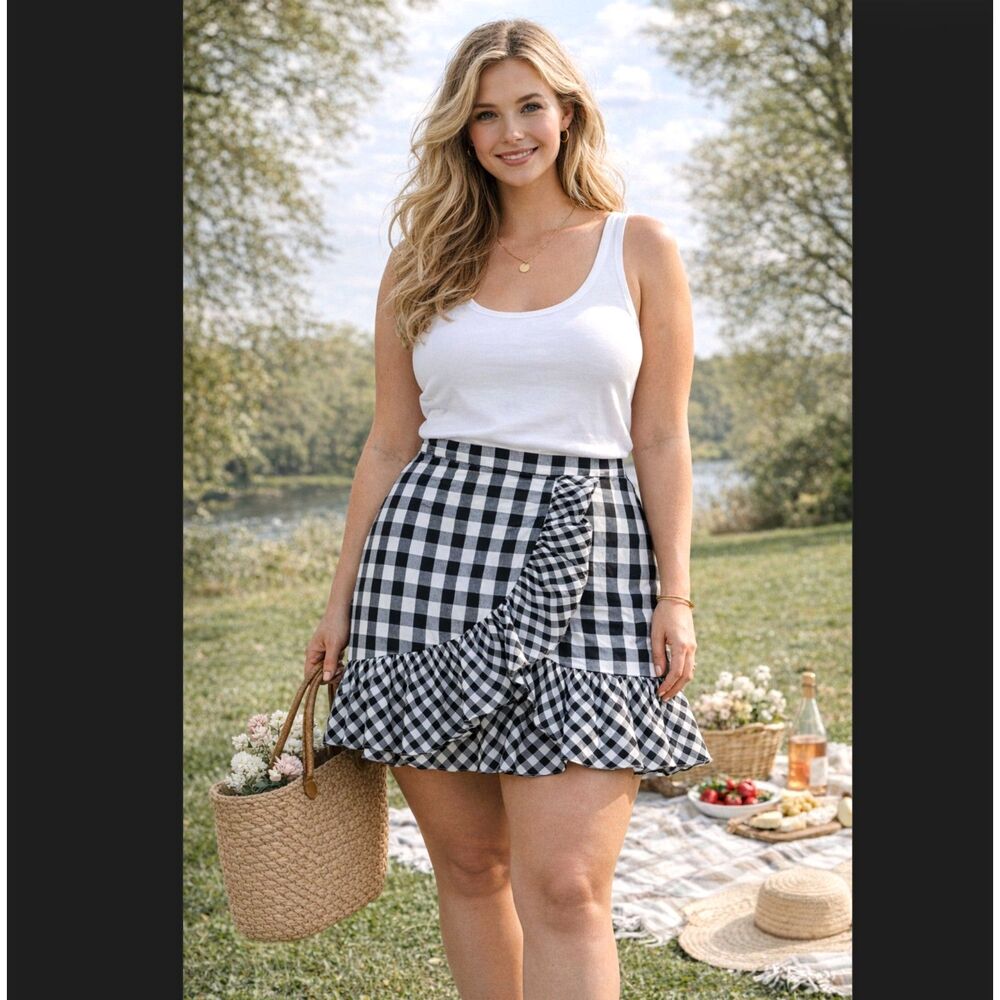 J.Crew Gingham Ruffle Mini Skirt 16T Tall Black White Wrap Peplum Cottage Picnic